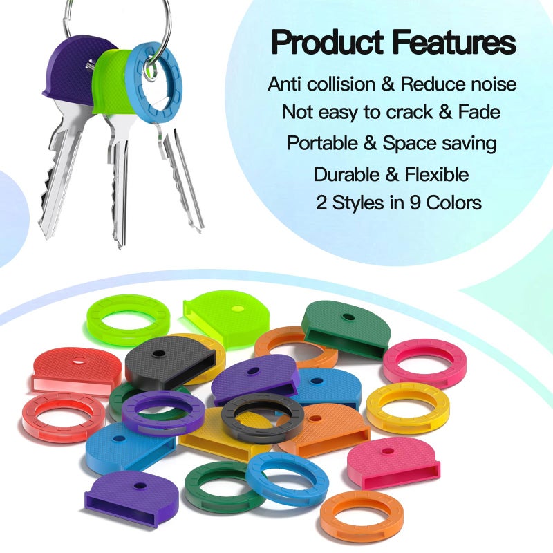 GoorDik 54PCS Key Caps Covers Tags, Plastic Key Color Identifiers for Standard Flat House Keys(Not Suitable for Odd-Shaped Keys), Key Coding Rings in 9 Assorted Colors, 2 Styles - Image 3